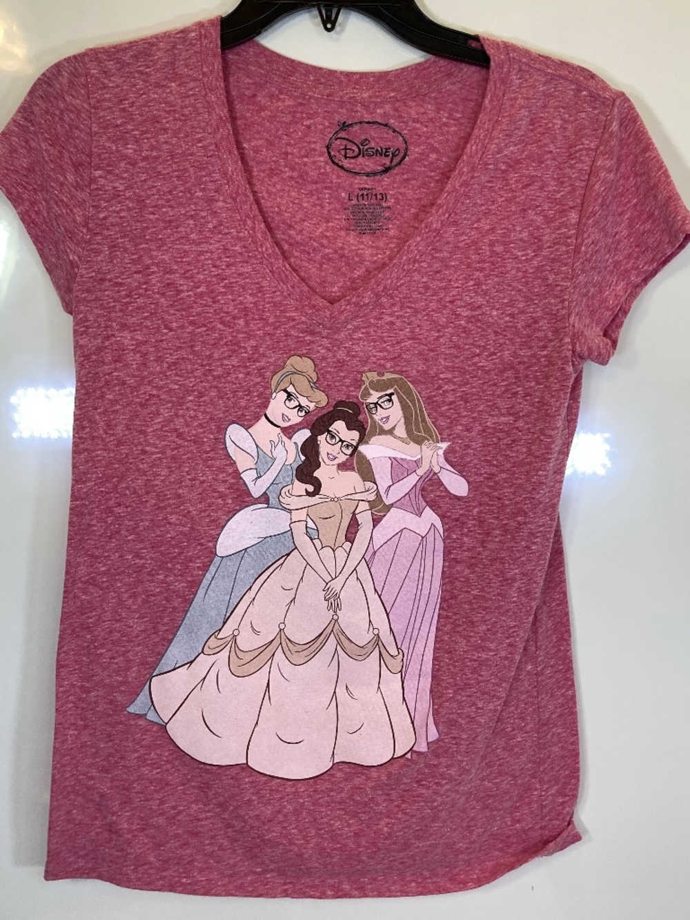 Disney Princess NERD Short Sleeve Shirt Junior Sz L Pink Cinderella Belle